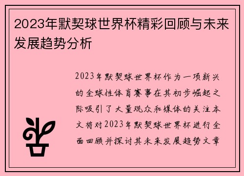 2023年默契球世界杯精彩回顾与未来发展趋势分析