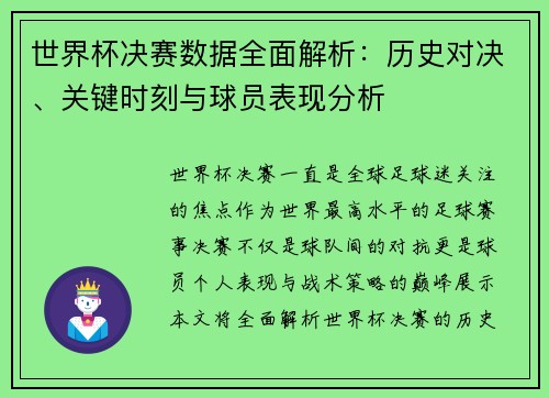 世界杯决赛数据全面解析：历史对决、关键时刻与球员表现分析