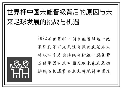 世界杯中国未能晋级背后的原因与未来足球发展的挑战与机遇