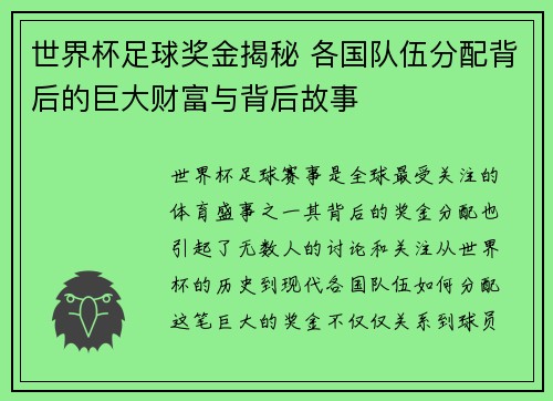 世界杯足球奖金揭秘 各国队伍分配背后的巨大财富与背后故事