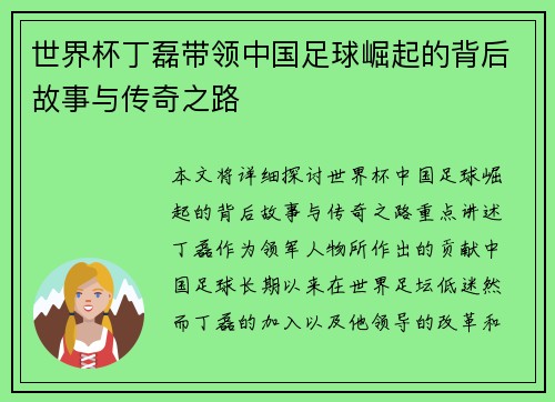 世界杯丁磊带领中国足球崛起的背后故事与传奇之路