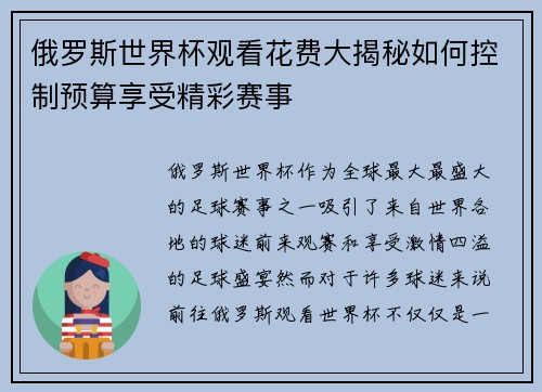 俄罗斯世界杯观看花费大揭秘如何控制预算享受精彩赛事