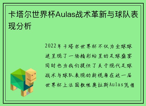 卡塔尔世界杯Aulas战术革新与球队表现分析