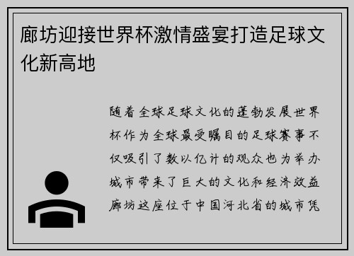 廊坊迎接世界杯激情盛宴打造足球文化新高地